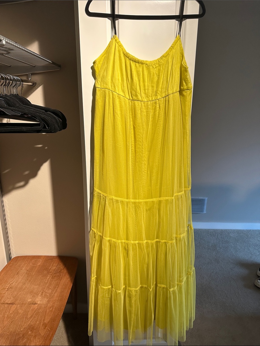 Anthropologie Bright Yellow Tiered Mesh Maxi Dress